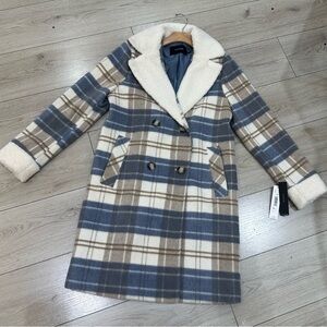 Tahari Blue and Brown Plaid Pea Coat with Shearling Collar